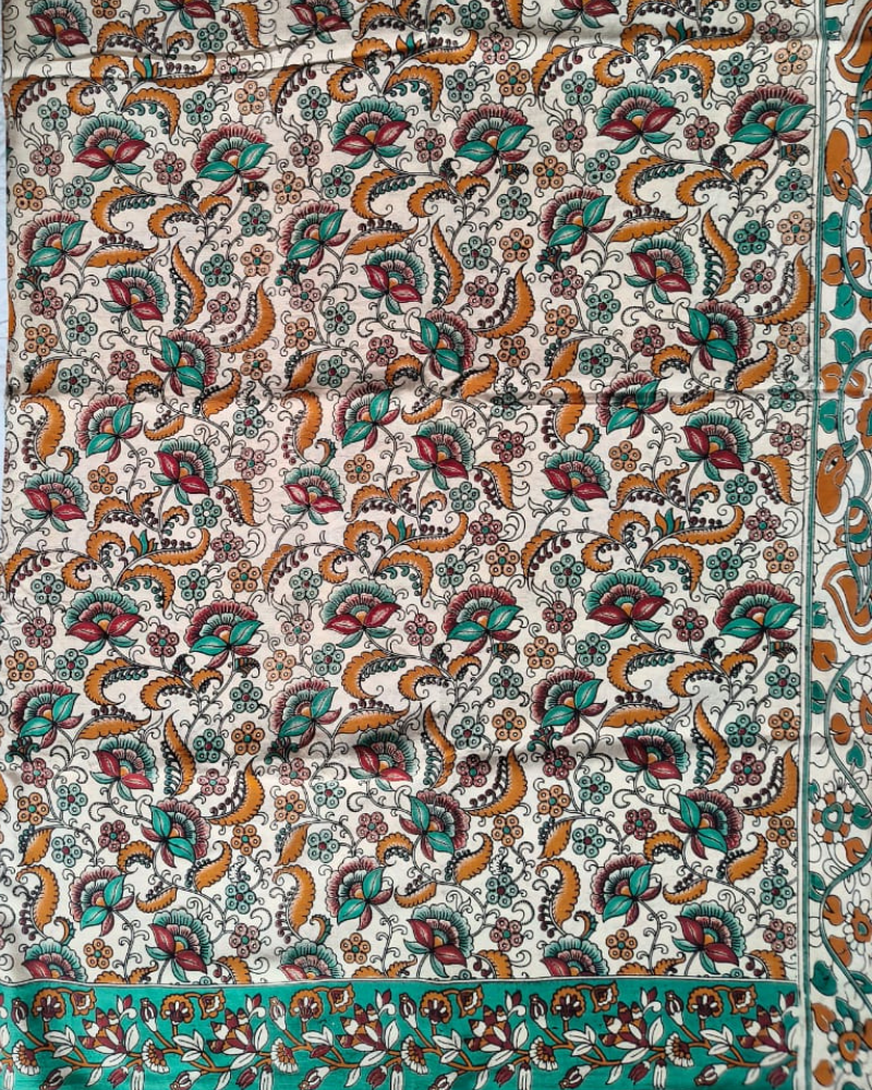 Beige & Green Kalamkari Chennur silk
