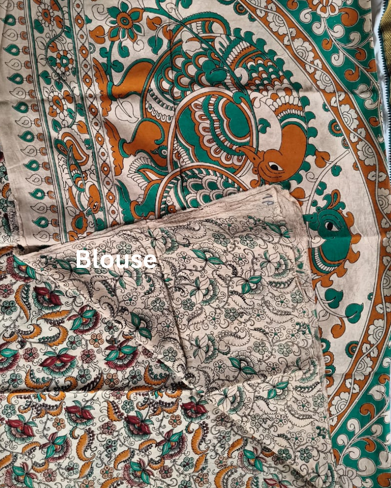 Beige & Green Kalamkari Chennur silk