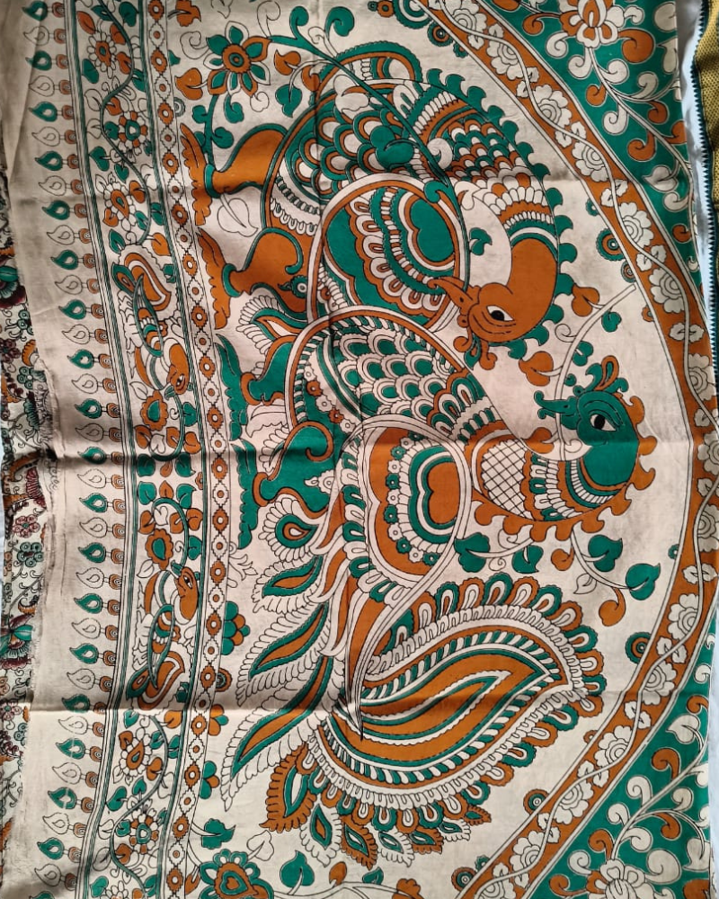 Beige & Green Kalamkari Chennur silk
