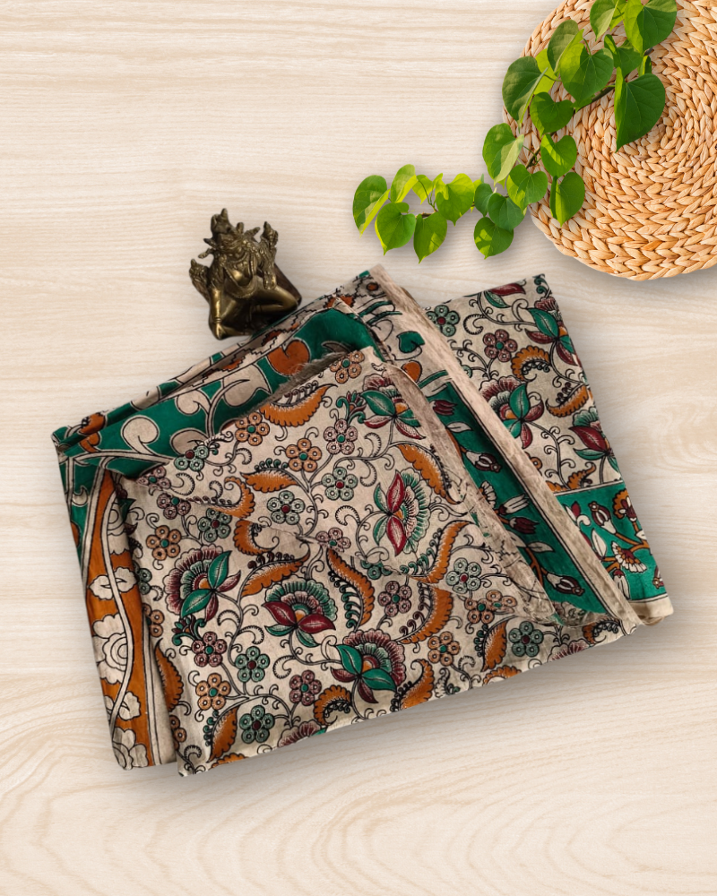 Beige & Green Kalamkari Chennur silk