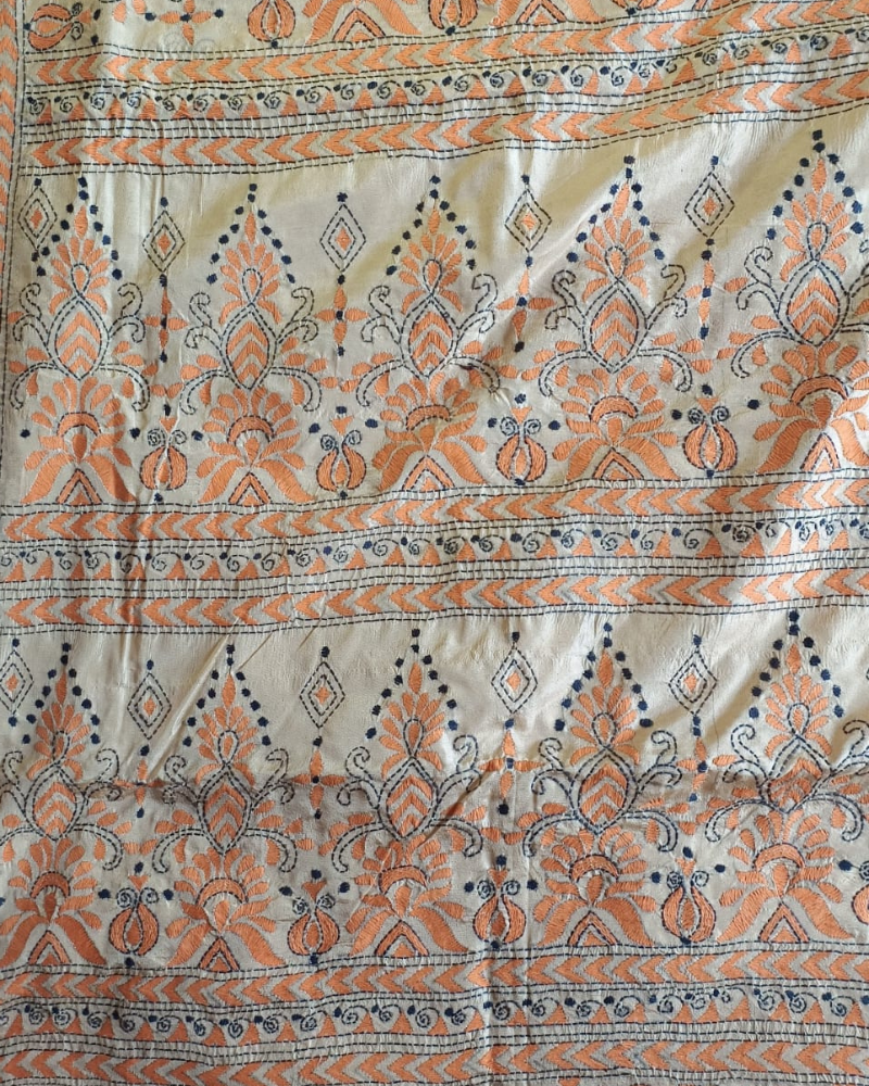 Beige with orange Kantha work saree