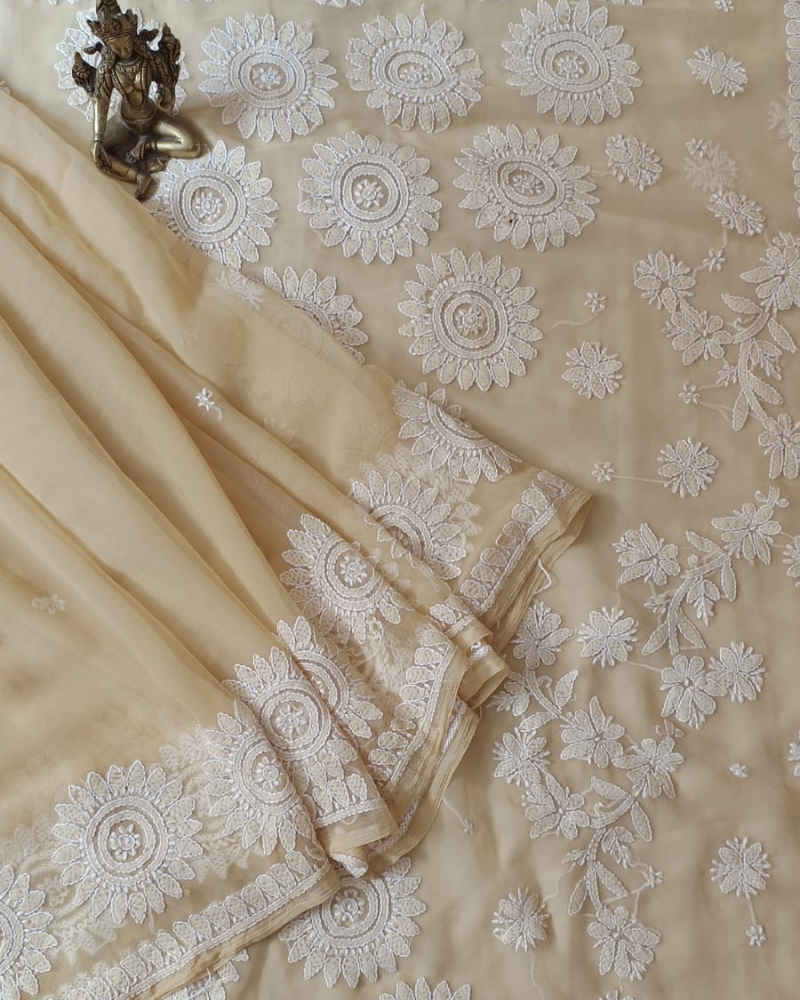Beige Georgette Chikankari saree