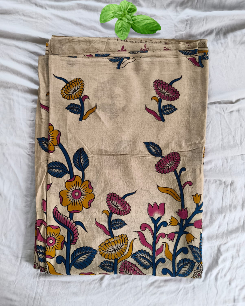 Beige Mangalgiri cotton Kalamkari Saree
