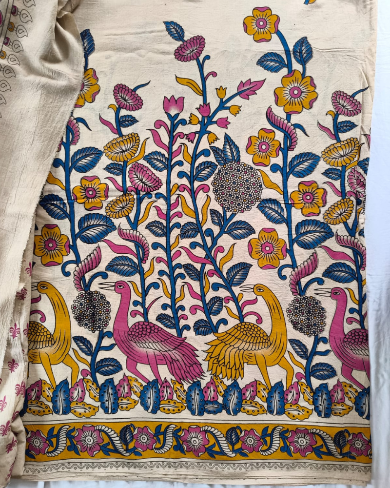 Beige Mangalgiri cotton Kalamkari Saree