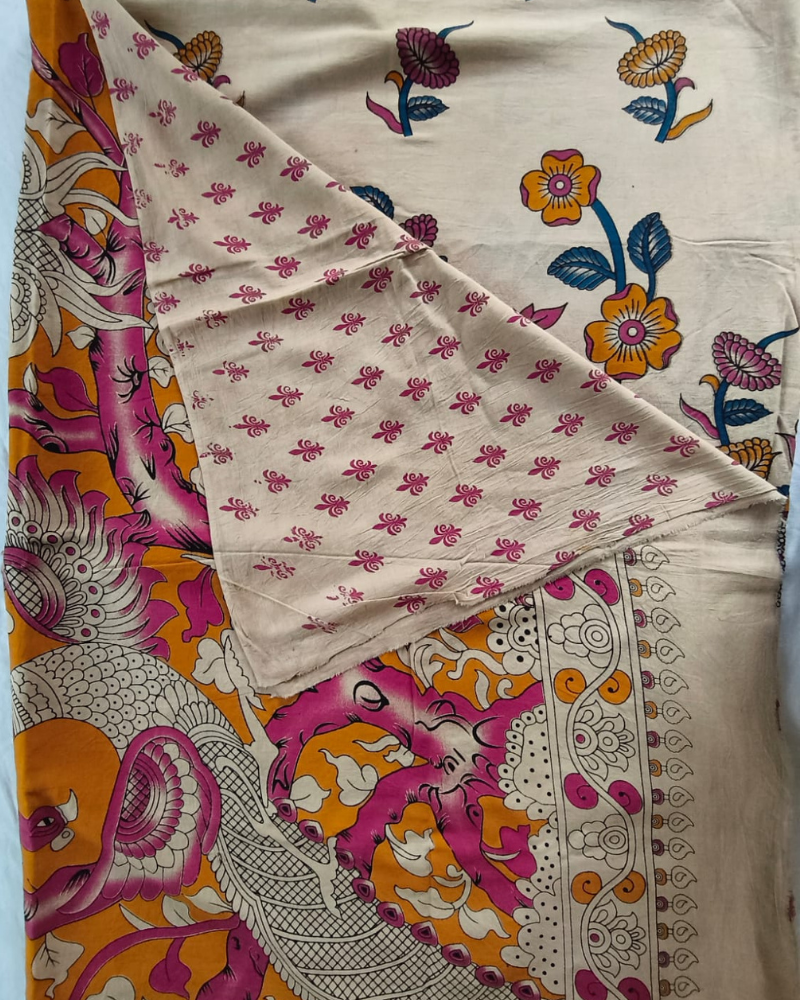 Beige Mangalgiri cotton Kalamkari Saree