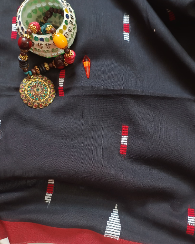 Handloom Black Mul Cotton Saree