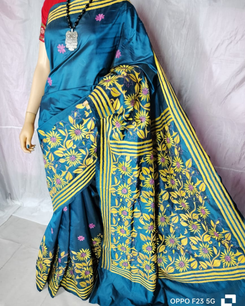 Blue Blended Silk Kantha work saree