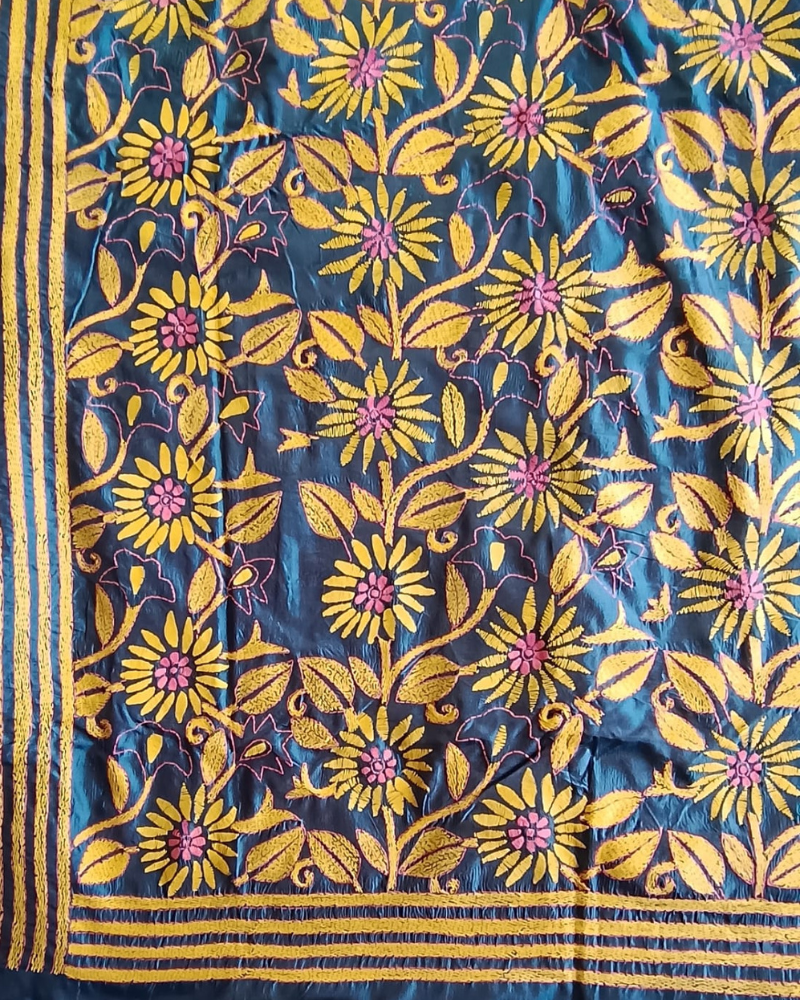 Blue Blended Silk Kantha work saree