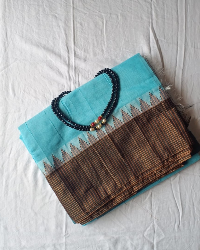 Pastel Blue Gadwal cotton Fancy Border saree