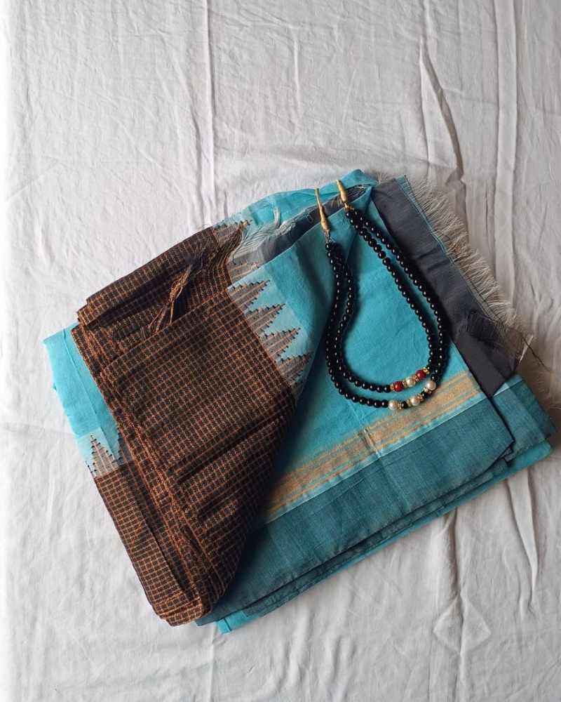 Pastel Blue Gadwal cotton Fancy Border saree