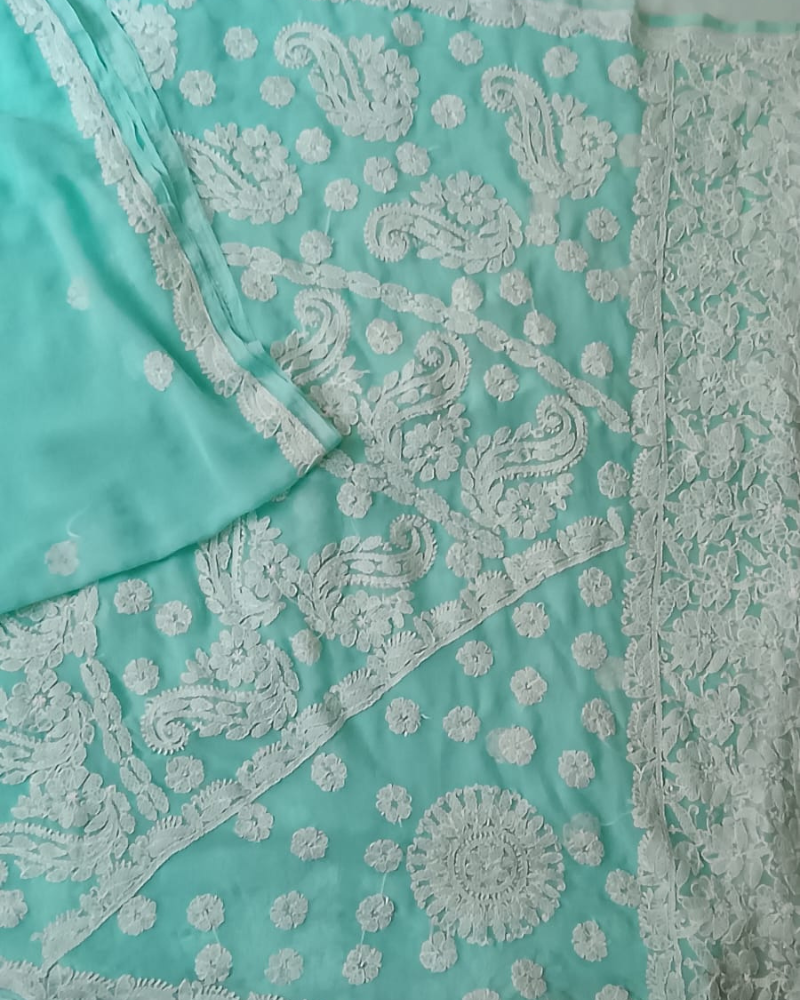 Cyan Georgette chikankari saree