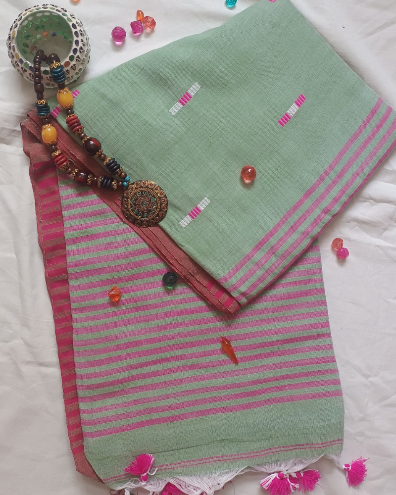 Handloom Fern Green Mul Cotton Saree