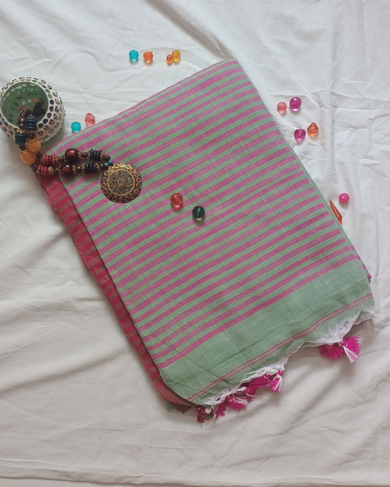 Handloom Fern Green Mul Cotton Saree