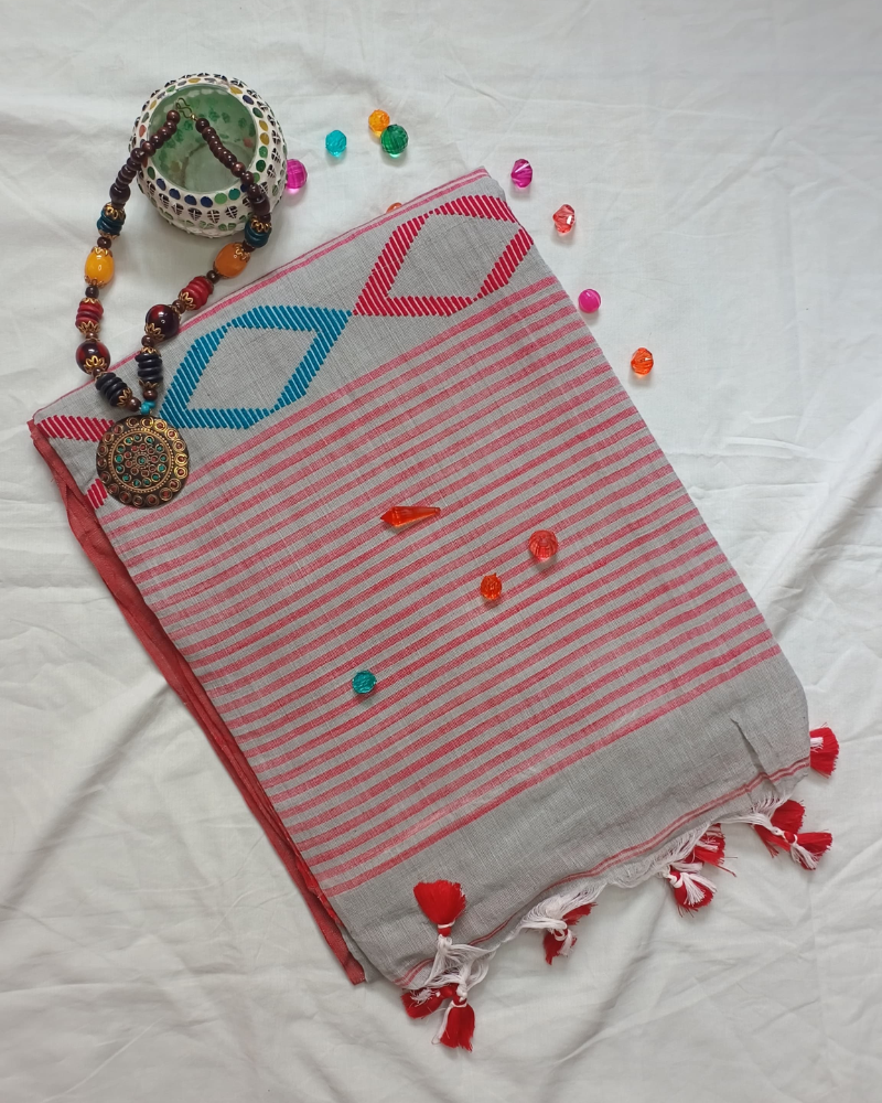 Handloom Gray Mul Cotton Saree