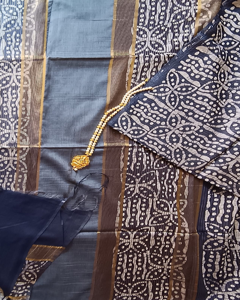 Indigo Geecha silk - Batik Screen Print (handmade) saree