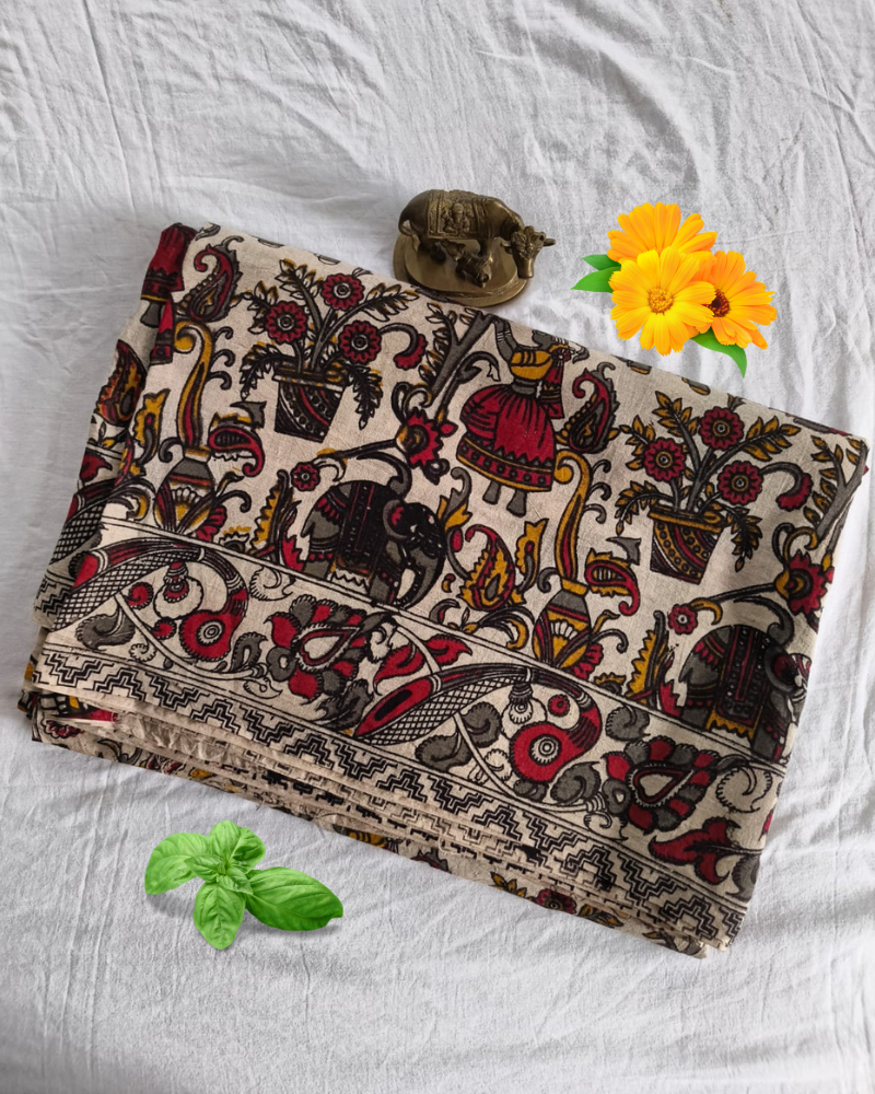 Off White Mangalgiri cotton Kalamkari Saree