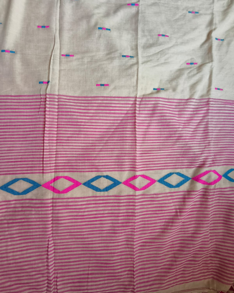 Handloom Beige Mul Cotton Saree