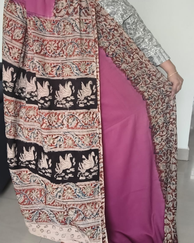 Magenta Mul Cotton Saree with Kalamkari Border