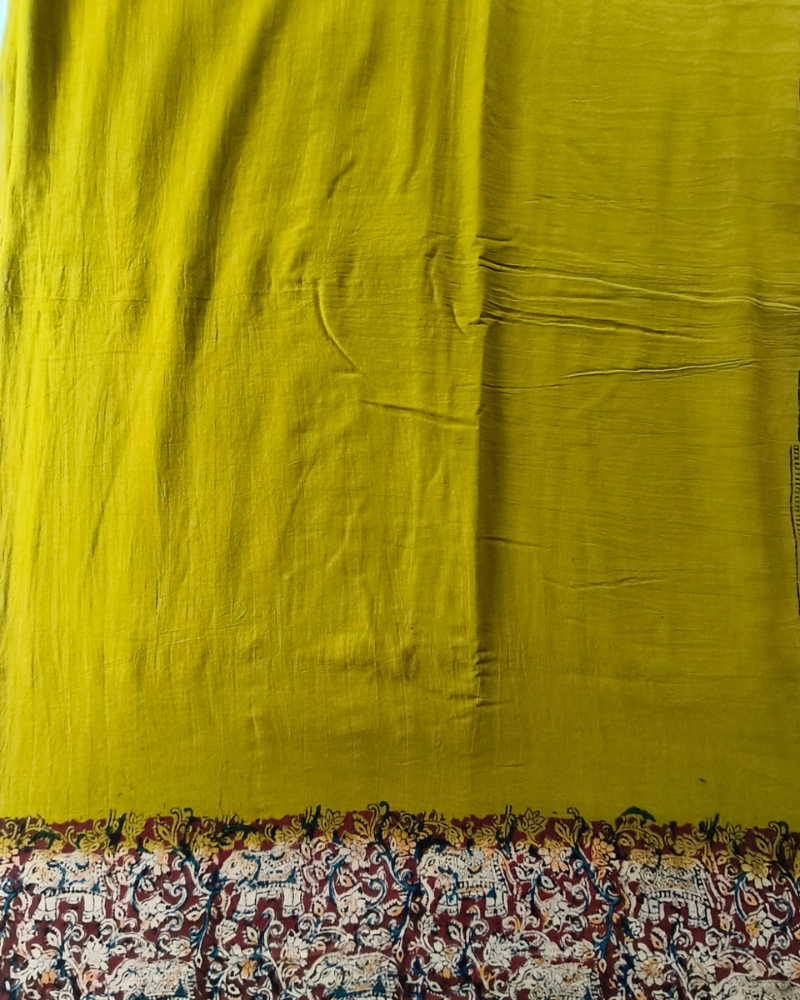 Mahndi Green Mul Cotton Saree with Kalamkari Border