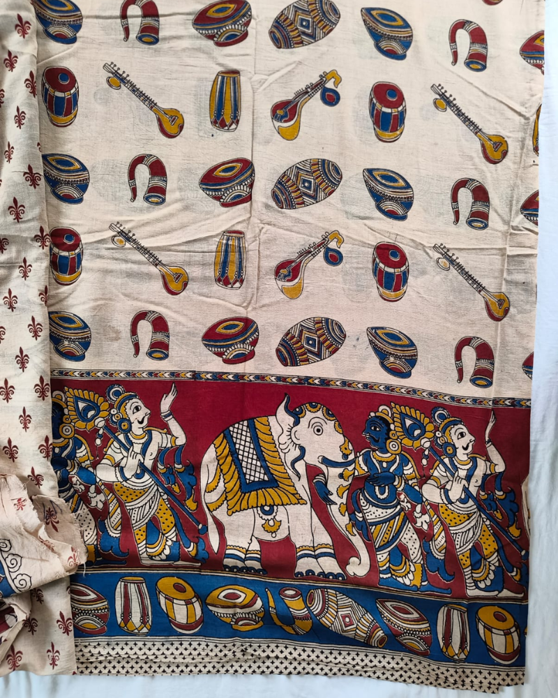Beige & Red Mangalgiri cotton Kalamkari Saree