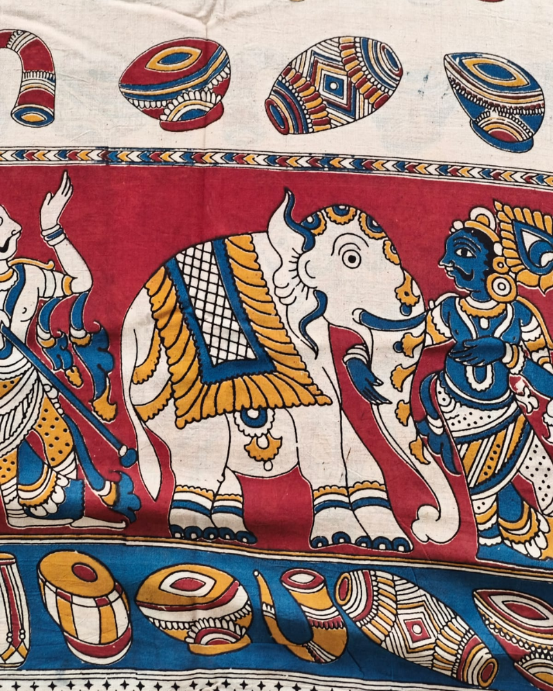 Beige & Red Mangalgiri cotton Kalamkari Saree