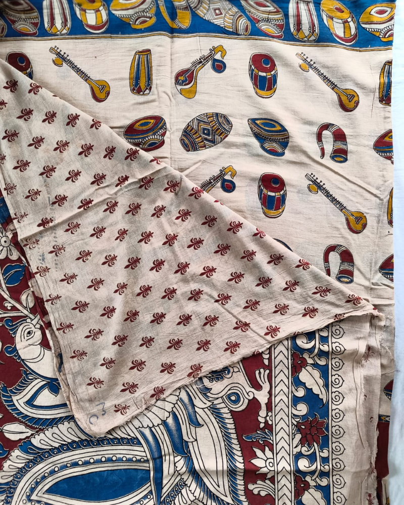 Beige & Red Mangalgiri cotton Kalamkari Saree