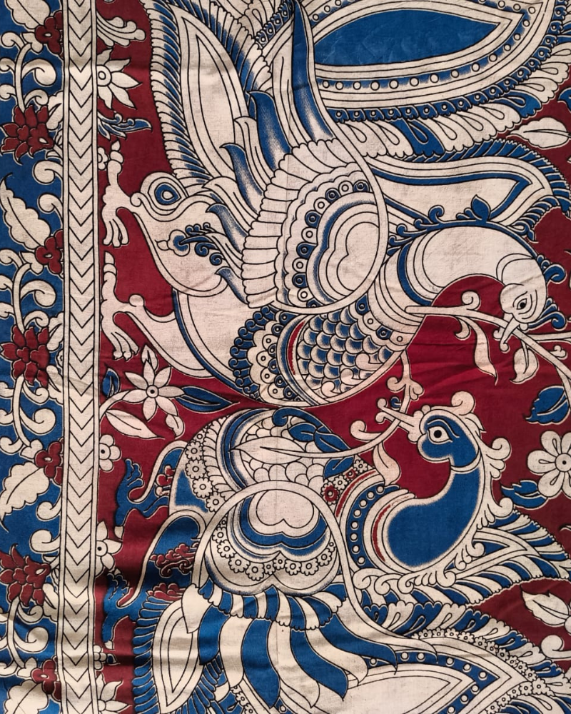 Beige & Red Mangalgiri cotton Kalamkari Saree