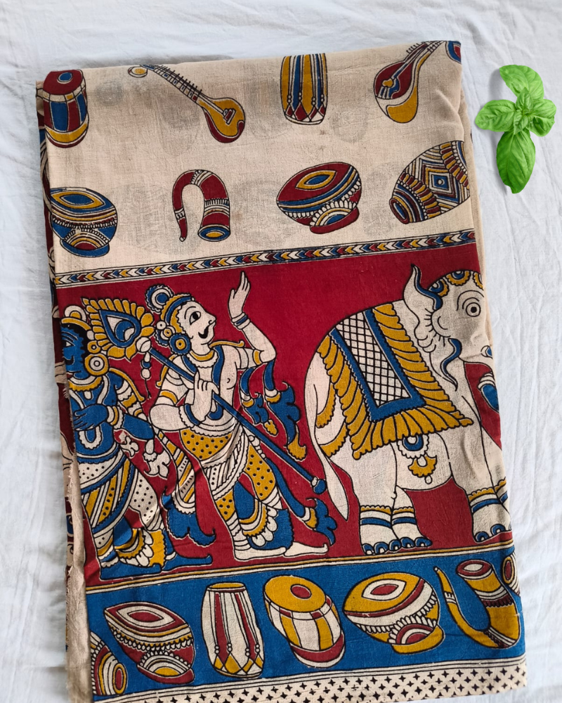 Beige & Red Mangalgiri cotton Kalamkari Saree