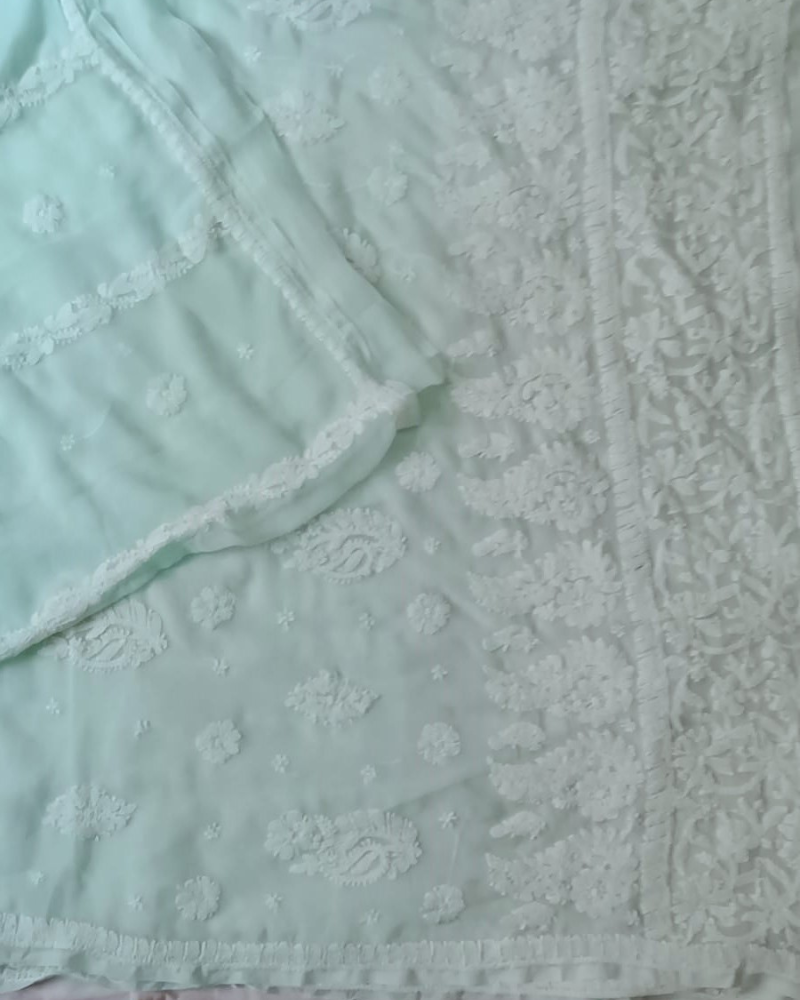 Turquoise Blue Georgette chikankari saree