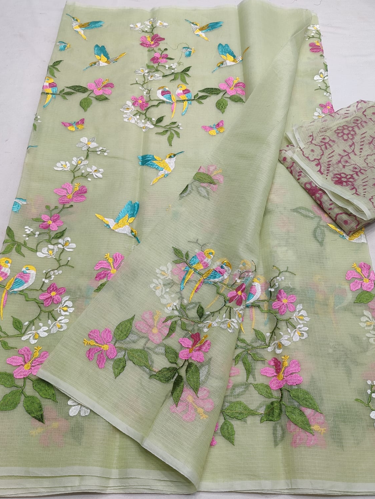 Pastel Green Embroidered Kota Saree