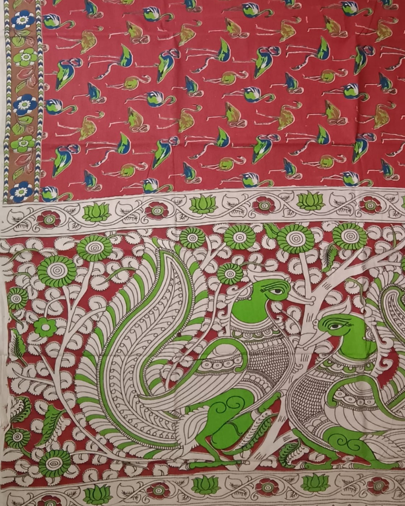 Red Mangalgiri Cotton Block Print Saree