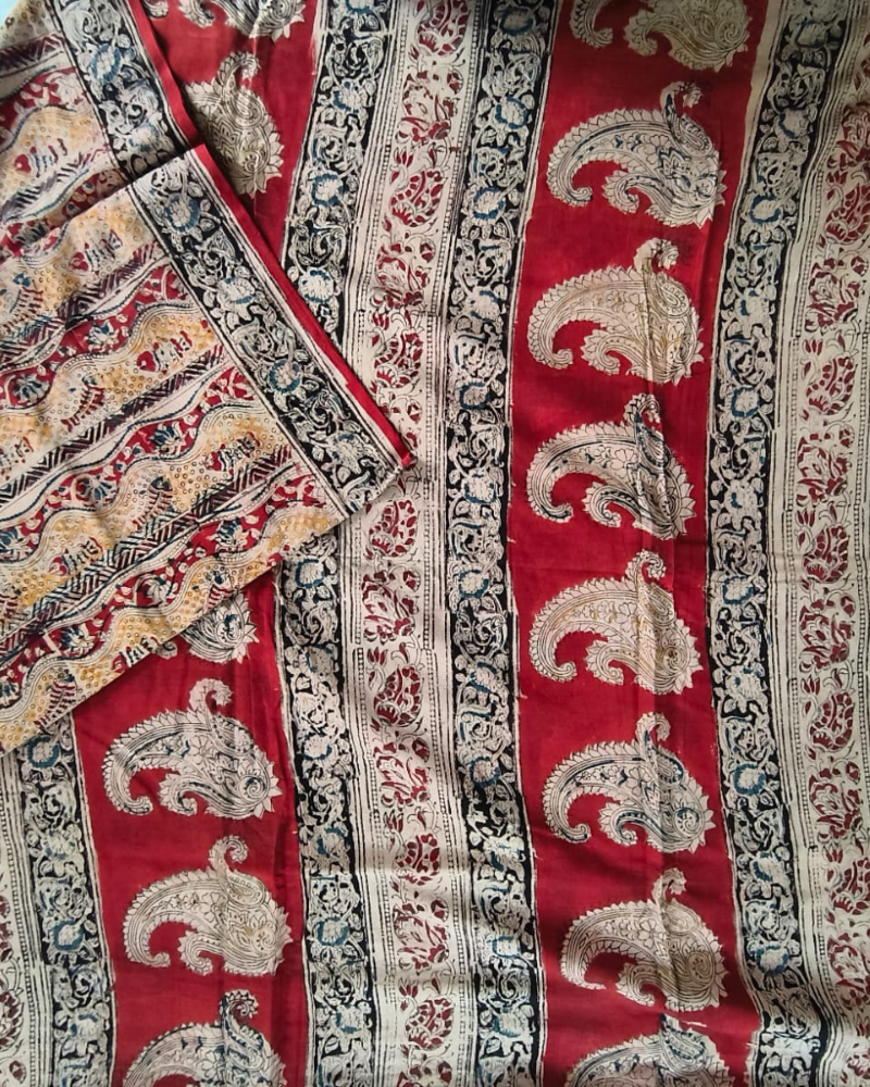 Beige & Black Mangalgiri cotton Kalamkari Saree