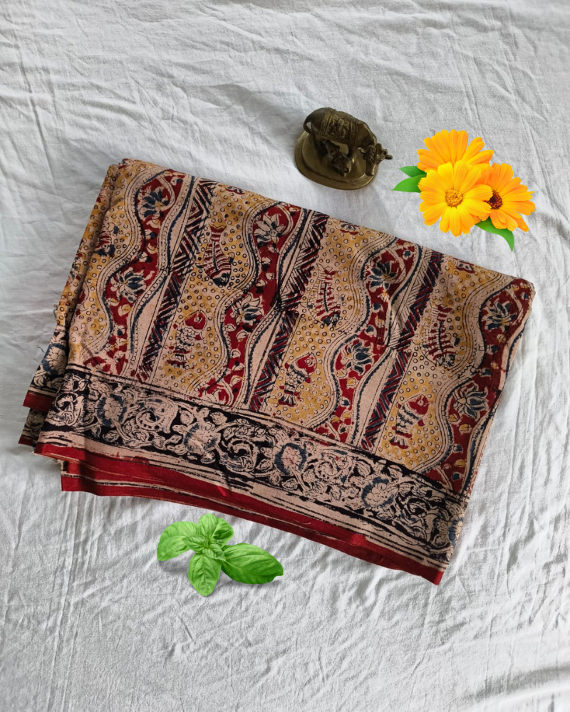 Beige & Black Mangalgiri cotton Kalamkari Saree