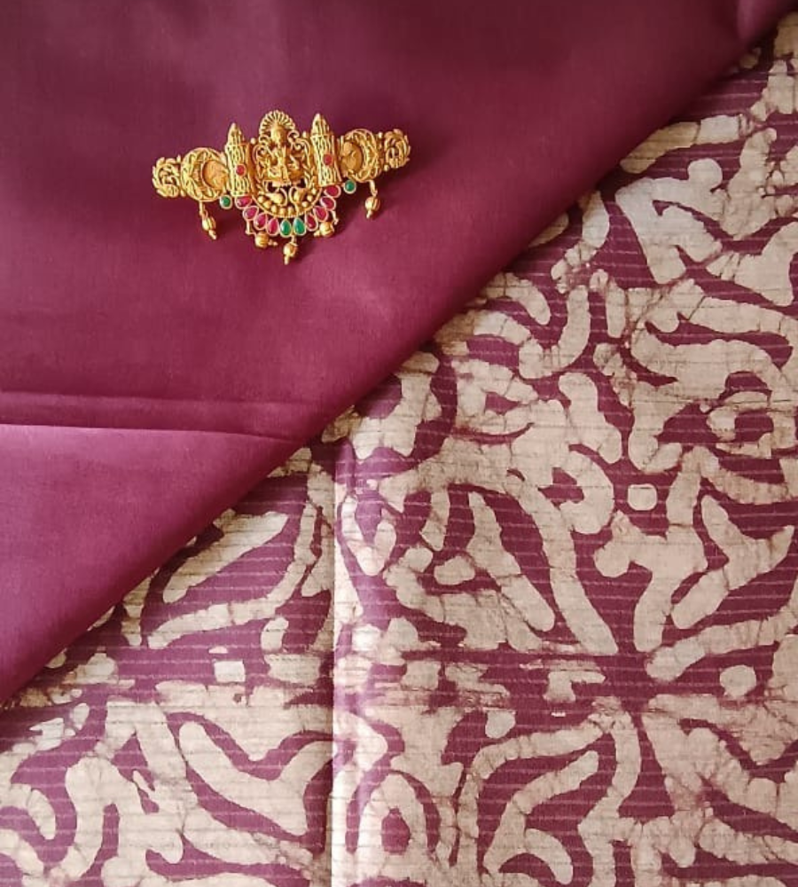 Wine Red Geecha silk - Batik Screen Print (handmade) saree