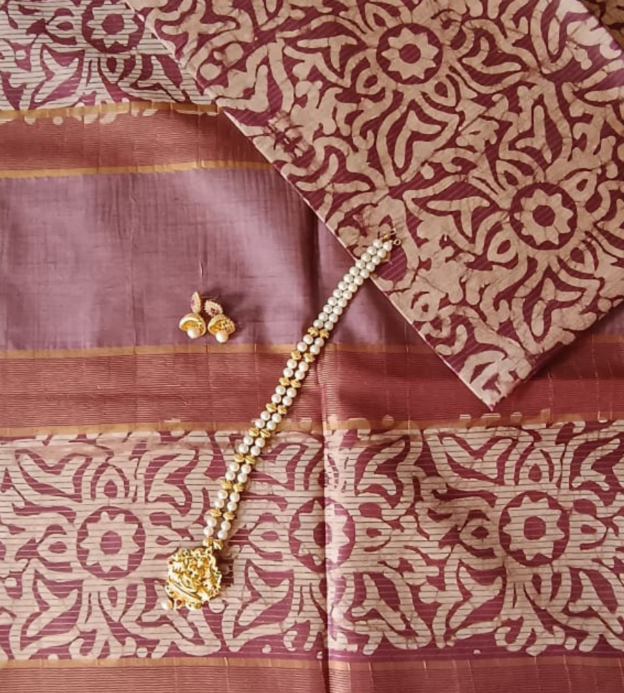 Wine Red Geecha silk - Batik Screen Print (handmade) saree