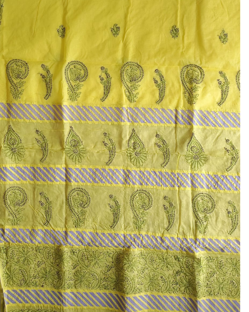 Yellow Mul Cotton saree with Lavender aplique and Chikankari