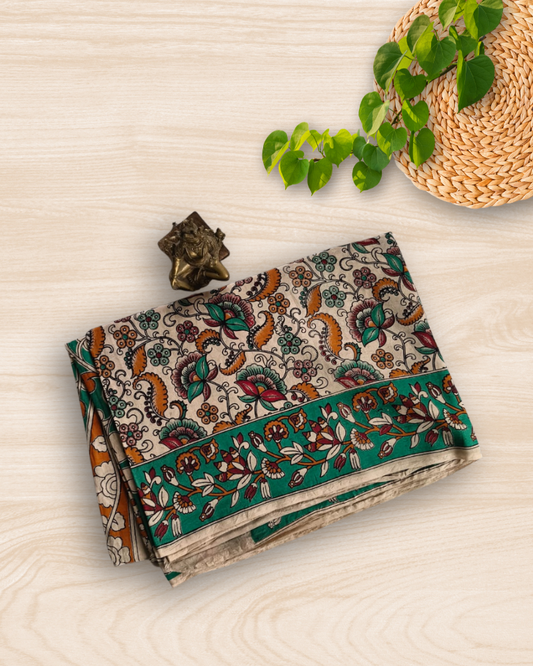 Beige & Green Kalamkari Chennur silk