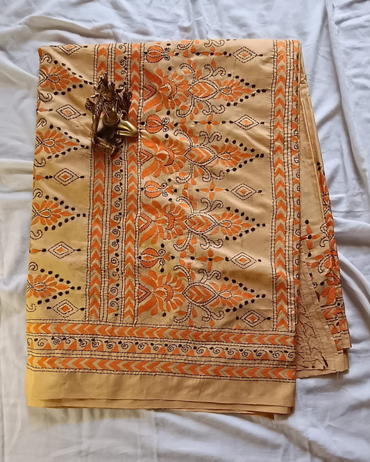 Beige with orange Kantha work saree