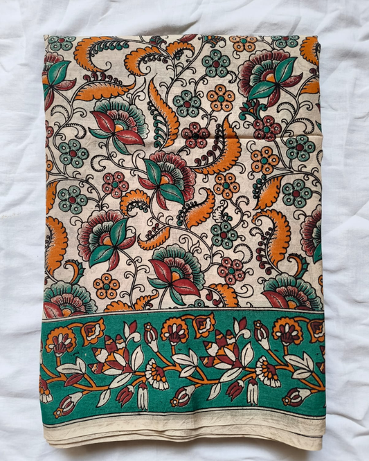 Beige & Green Kalamkari Chennur silk