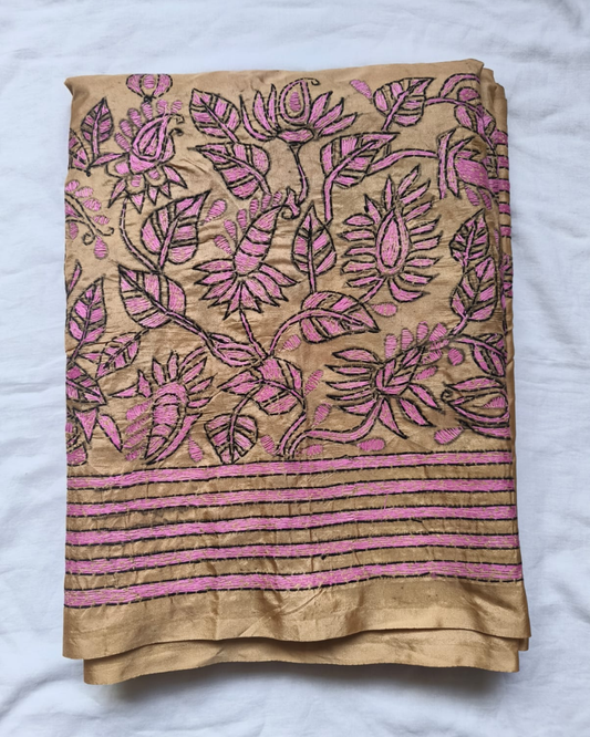 Beige Kantha work saree