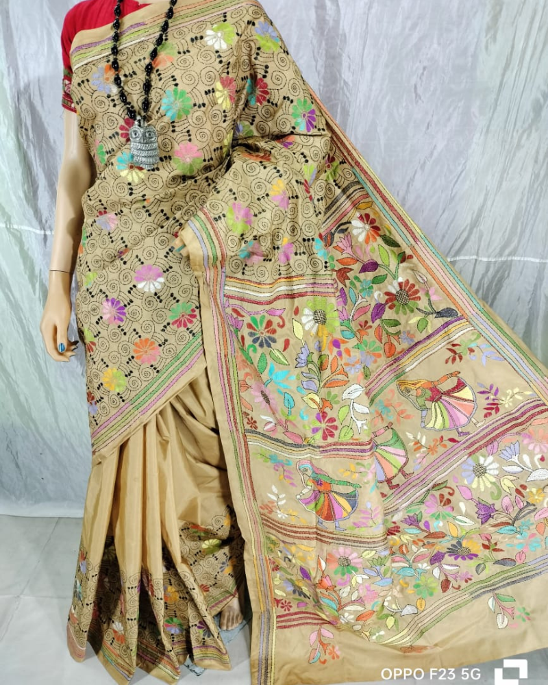 Beige Blended Silk Kantha work saree