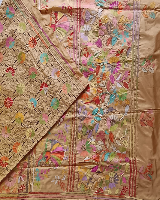 Beige Blended Silk Kantha work saree