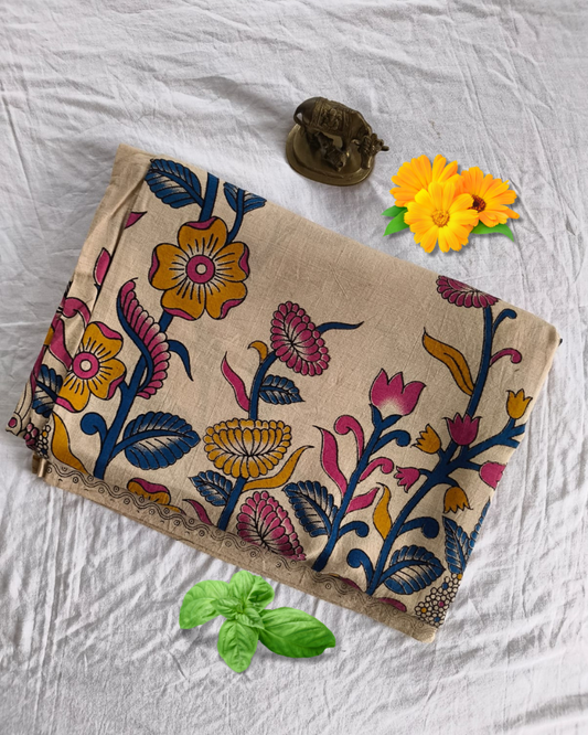 Beige Mangalgiri cotton Kalamkari Saree