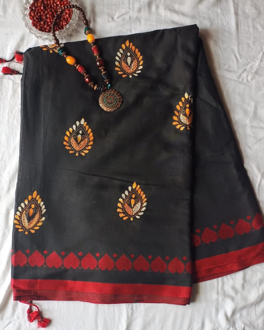 Black Khadi Cotton Kantha work Saree