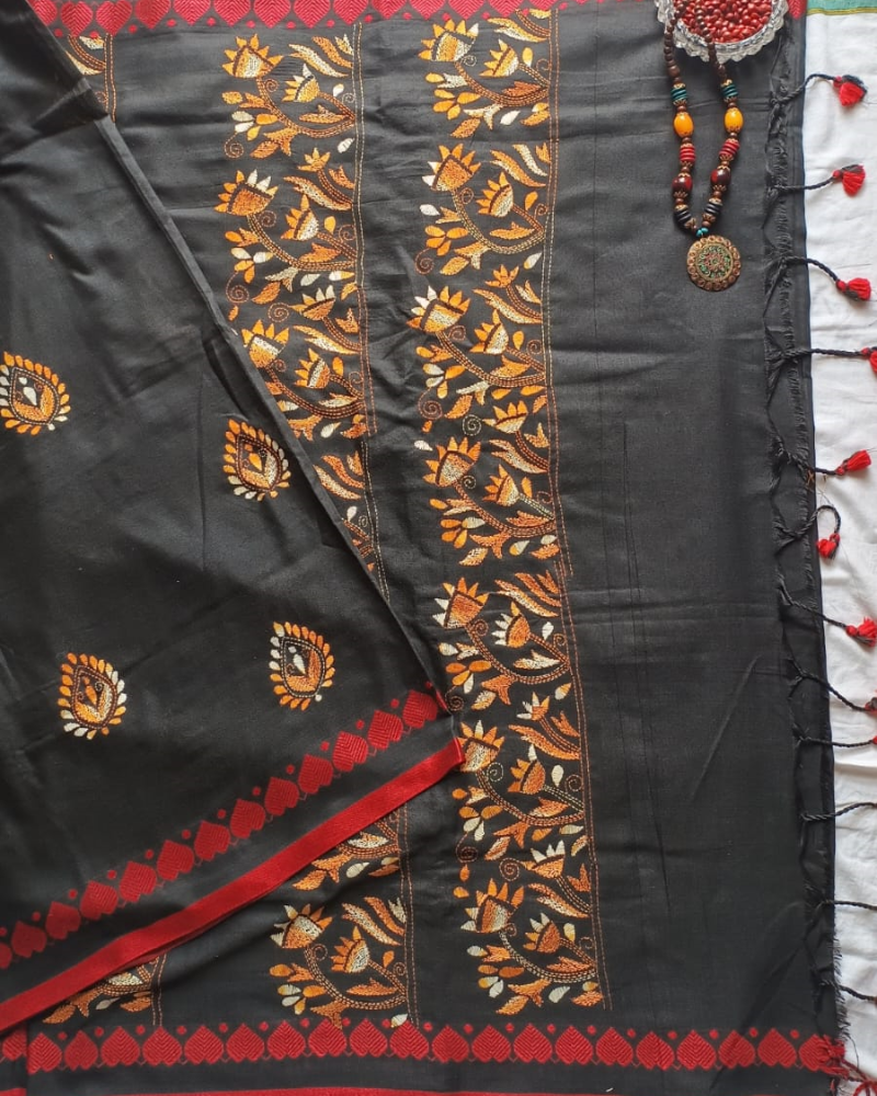 Black Khadi Cotton Kantha work Saree