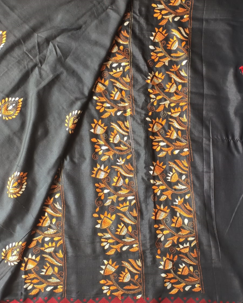Black Khadi Cotton Kantha work Saree