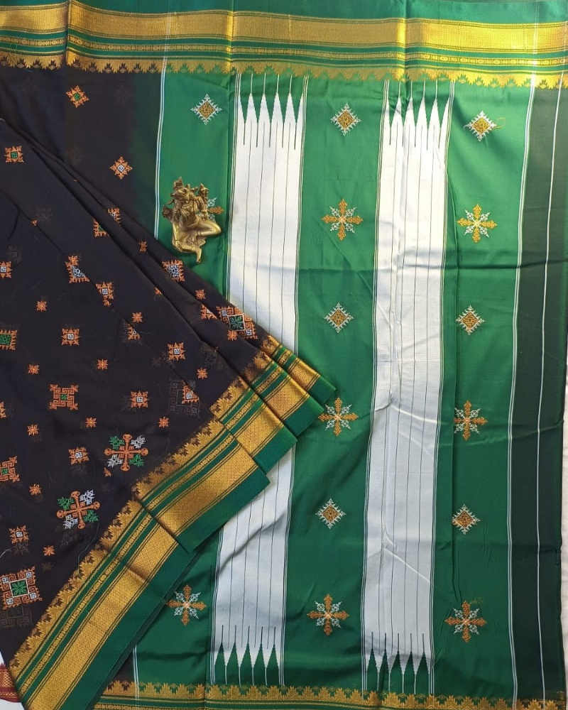 Black & Green Sico Ilkal Kasuti work saree