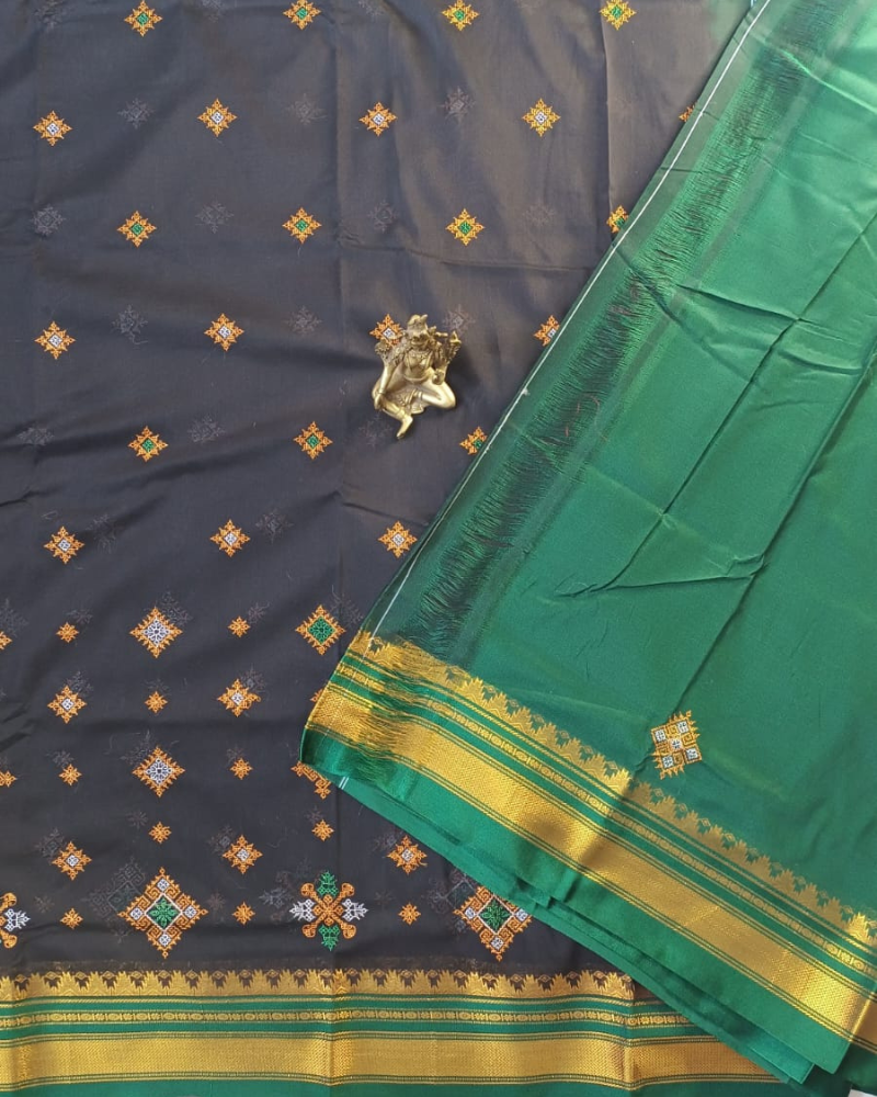 Black & Green Sico Ilkal Kasuti work saree