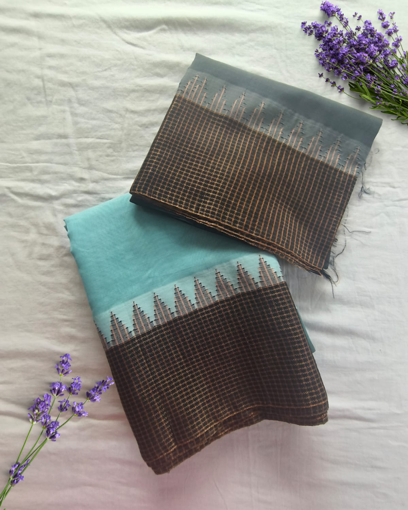 Pastel Blue Fancy Border Gadwal Handloom Cotton