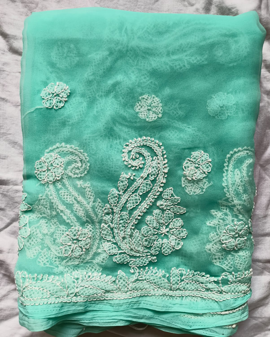 Cyan Georgette chikankari saree